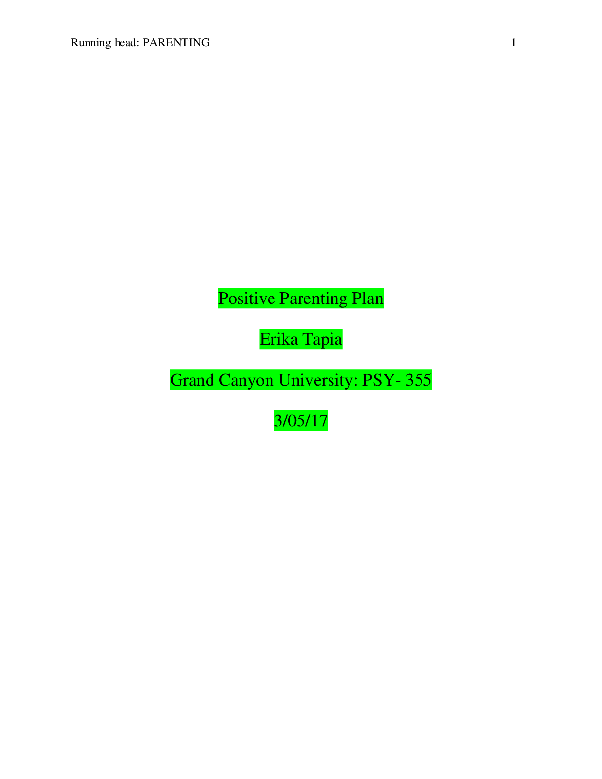 Preview image of PSY 355 Topic 4 Positive Parenting Plan document